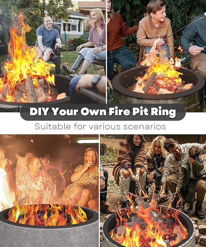 39 Inch Smokeless Fire Pit Ring Insert Outdoor, Heavy Duty Metal Steel DIY Firepit Rim Liner Round Campfire Rings for Outside Wood Burning Above or In-Ground, Black