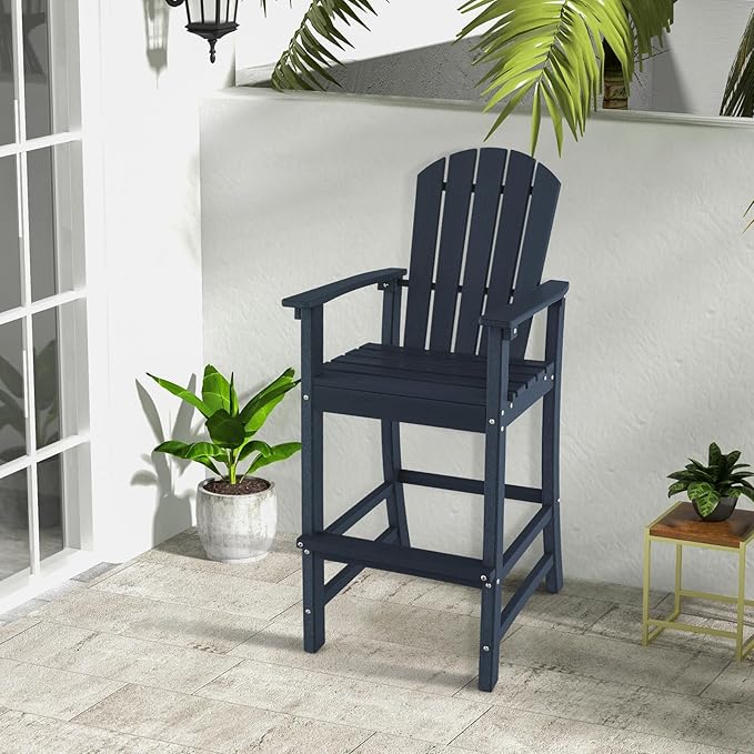 Giantex Set of 2 HDPE Outdoor Bar Stools, All Weather Tall Adirondack Chair with Armrest, Footrest, Load 360Lbs, 30-Inch Counter Height Bar Stool for Patio, Garden, Yard, Indoor Or Outdoor Use (Navy)