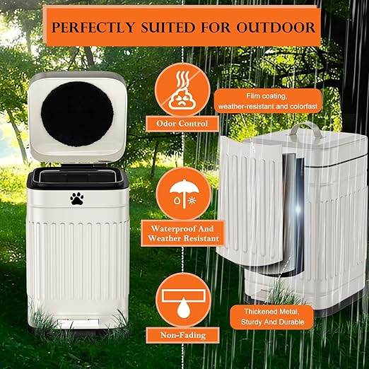 Dog Poop Trash Can Outside, 5L/1.3Gal Metal Dog Waste Trash Can with Lid, Foot Pedal, Pet Waste Container with 40 Bags, Poop Bucket with Lid Soft Close for Pet, White