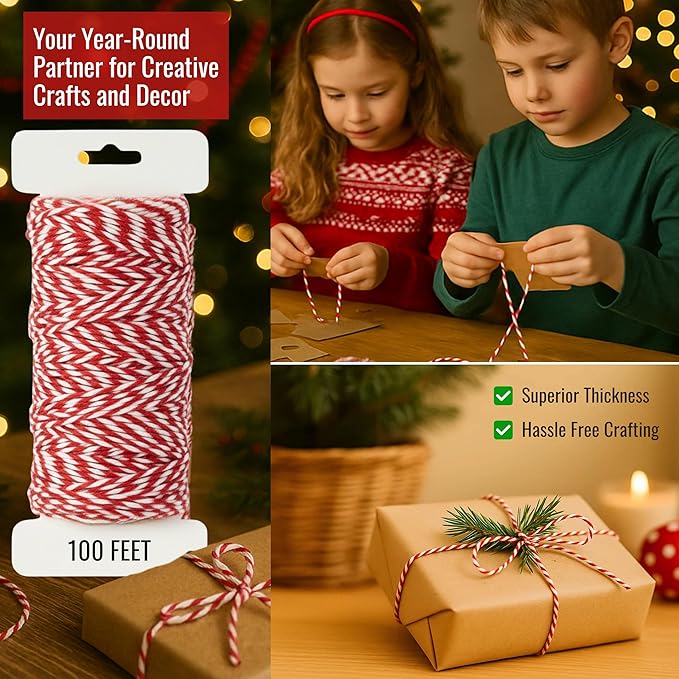 Natural Cotton Twine String for Trussing, Meat Prep, Baking, Crafting, 100 Yards (Red White, 100 FEET Pack of 1)