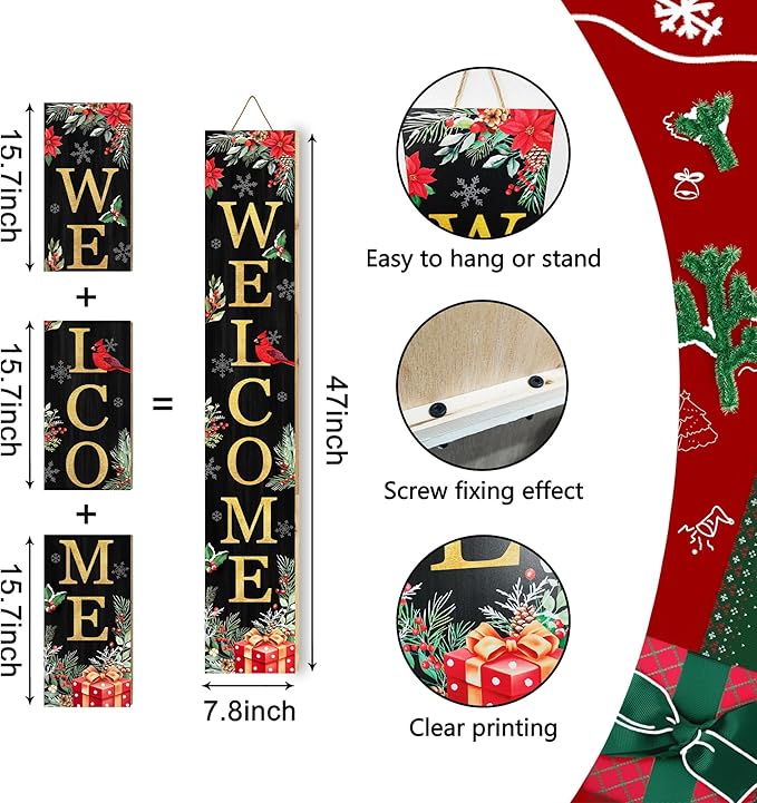 Christmas Welcome Sign for Front Porch Standing, Holly Xmas Themed Wooden Porch Sign for Front Door Decorations, Rustic Farmhouse Hanging Wall Sign for Christmas Winter Decor 47.2" H
