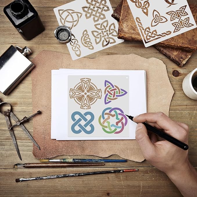 9 PCS Runes Stencils for Painting on Wood Stones, Reusable Celtic Border Ancient Viking Symbol Template for Crafts Canvas Furniture Wall Floor Drawing Card Making Pattern Decorative 7.9 x 7.9 Inch