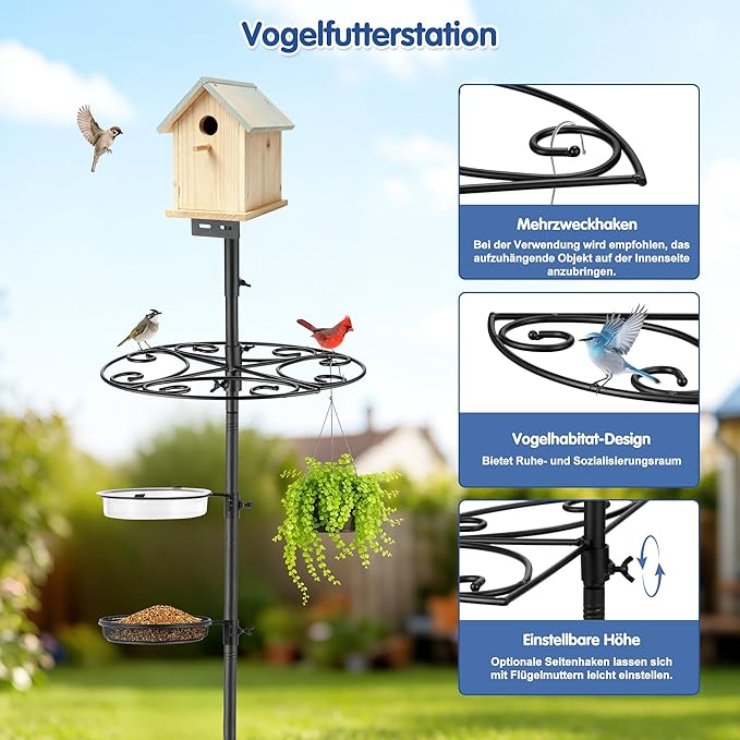 Bird Feeder Pole Stand with Semicircular Hook - Outdoor Bird Feeding Station Set: Bird House Frame, Mesh Tray & Wind-Resistant Water Bowl with Metal Snap Fastening