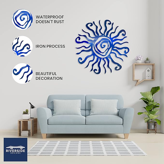 Riverside Designs Wacky Sun Metal Wall Art Indoor/Outdoor Decor - 12" Blue, Rust Proof Wall Sculpture - Made in USA - Ideal for Bedroom, Garden, Home, Patio and Farmhouse