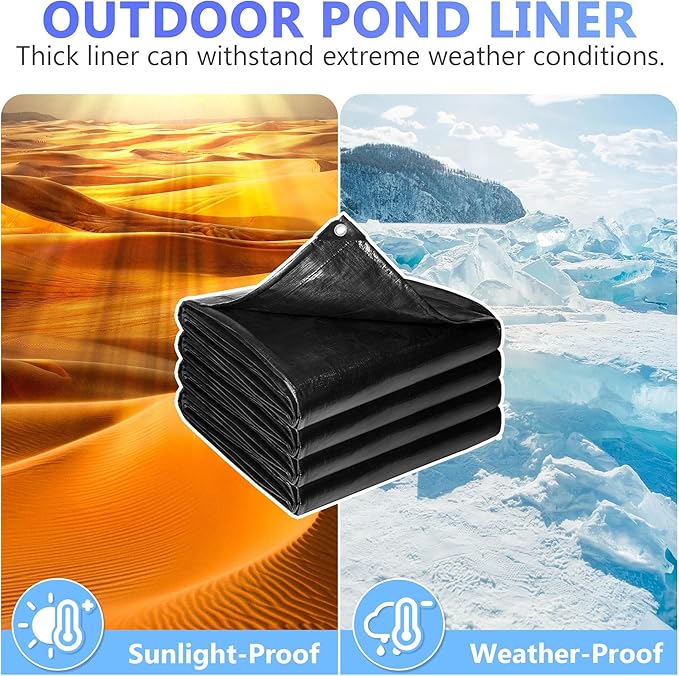 Reinforced PE Pond Liner 25 x 30 FT, 28 Mil Sun Resistant Preformed Pond Liner, Hemmed Edge with Buttonholes Liner for Outdoor Large Ponds, Fish/KOI/Duck Pond, Garden Waterfall, Waterscape, Black