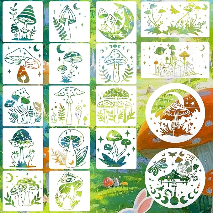 18 PCS Mushroom Stencils Large Reusable Crescent Moon Phase Drawing Template Bohemian Art Stencils for Painting on Wood Wall Tile Fabric Canvas Scrapbook Home Decor DIY Craft Projects