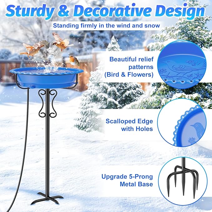 Heated Bird Bath for Outside Winter,100W Thermostat Control Birdbath Bowl with Metal 5-Prong Base,Freestanding Heated Bird Baths for Outdoors Garden Patio Yard Lawn (Blue)