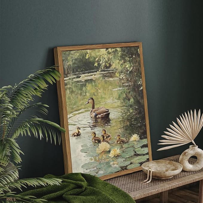 Framed Vintage Duck Canvas Wall Art, Rustic Farmhouse Animal Family Pictures Wall Decor, Country Nature Pond Paintings Prints Cottagecore Home Decor for Living Room Bedroom Bathroom 16x24 inch