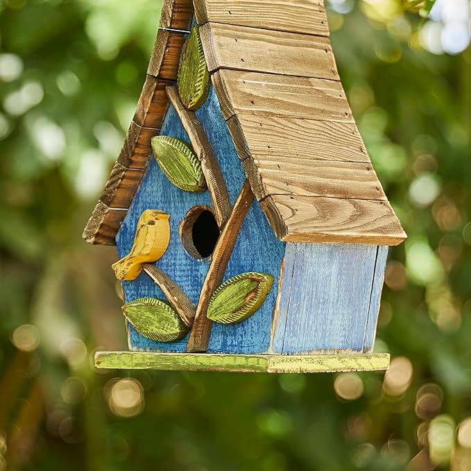 Glitzhome Hanging Bird House for Outdoor, 9.5"H Decorative Pet Cottage Distressed Wooden Bird House with Natural Wood Slatted Roof and 3D Tree for Bluebird Swallow Sparrow Finch Cardinals,Washed Blue