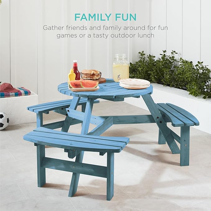 Best Choice Products 6-Person Circular Outdoor Wooden Picnic Table for Patio, Backyard, Garden, DIY w/ 3 Built-in Benches, 500lb Capacity - Seaside Breeze