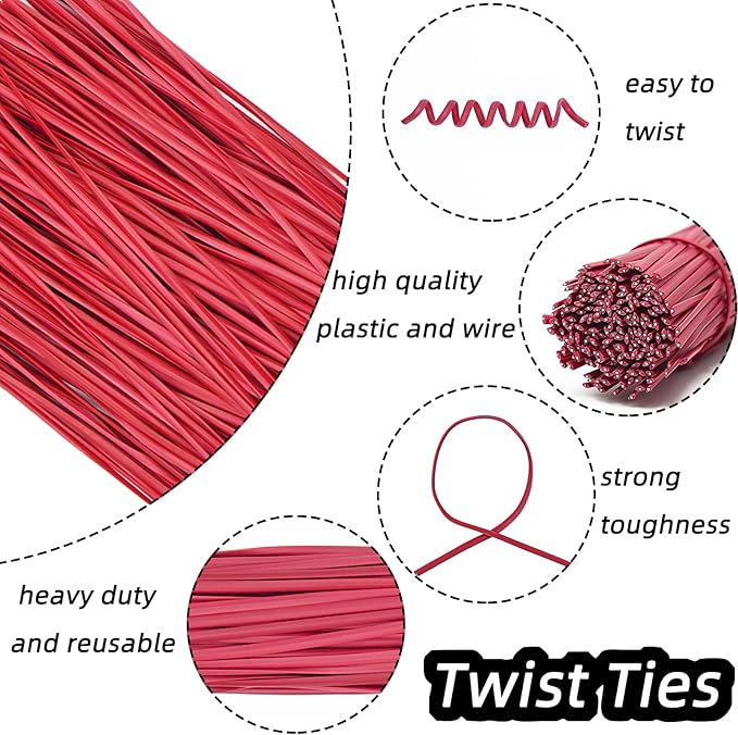 Red Plastic Twist Ties Bulk, 6 Inch Reusable Twist Ties Garden Ties for Plants, 500 Pcs Metallic Twist Ties for Bread Bags, Vines and Wrapping Cords, Christmas Decor