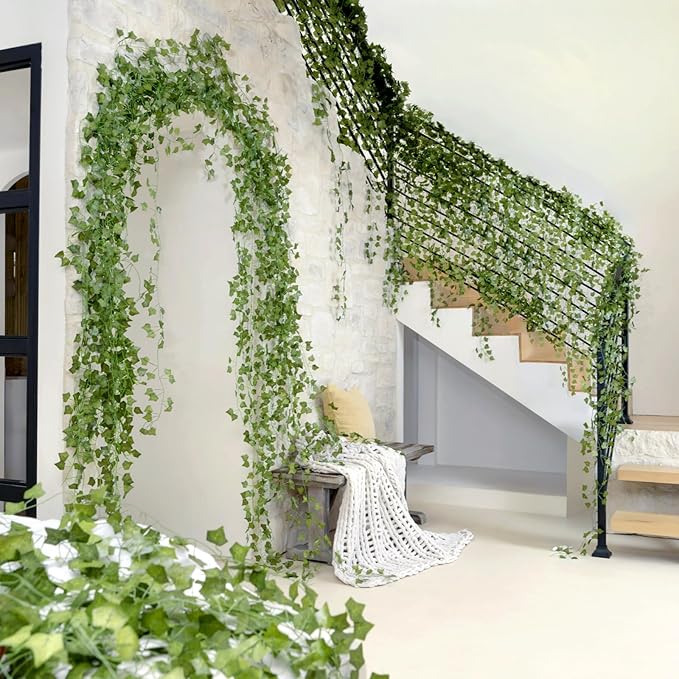 CQURE 48 Pcs 336Ft Artificial Ivy Fake Vines,Ivy Garland Greenery Garland Fake Hanging Plants Vines Green Leaves for Bedroom Wedding Garden Wall Room Decor