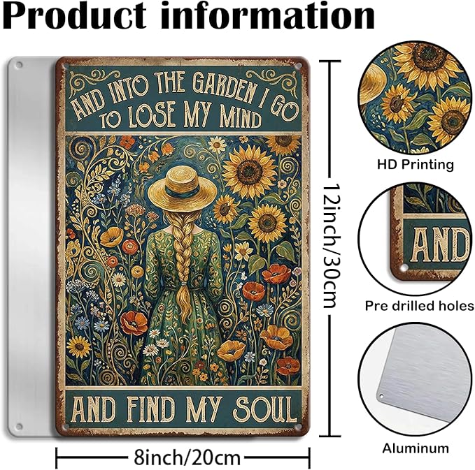 Van Gogh Style Garden Tin Sign - "Into The Garden I Go" Inspirational Metal Plaque with Sunflowers & Girl - 8x12 Aluminum Wall Decor - Metal Sign Artistic Garden Art for Shed, Gardeners, Mom, Women