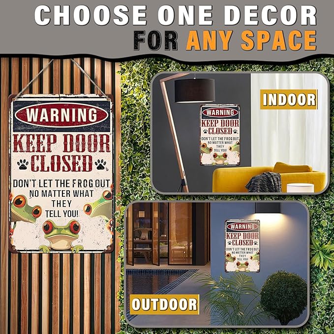 PEACHGARDEN Funny Frog Warning Decor Retro Metal Tin Sign Keep Door Closed Don't Let The Frogs Out No Matter What They Tell You Vintage Tin Sign for Home Office Room Wall Decor Poster 8x12inch