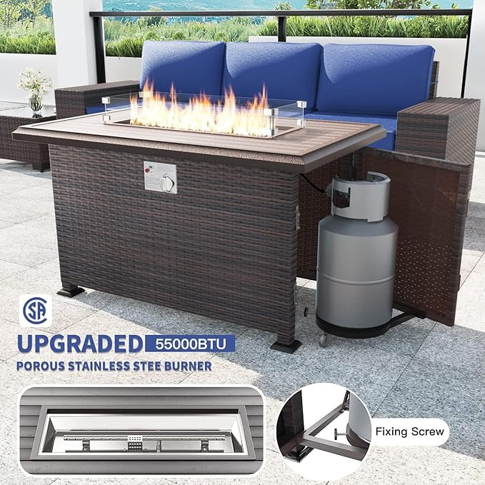 Kullavik 13PCS Outdoor Patio Furniture Set,PE Wicker Rattan Sectional Sofa Patio Conversation Sets with 43" 55000BTU Gas Propane Fire Pit Table,Swivel Rocking Chairs Set,Navy Blue