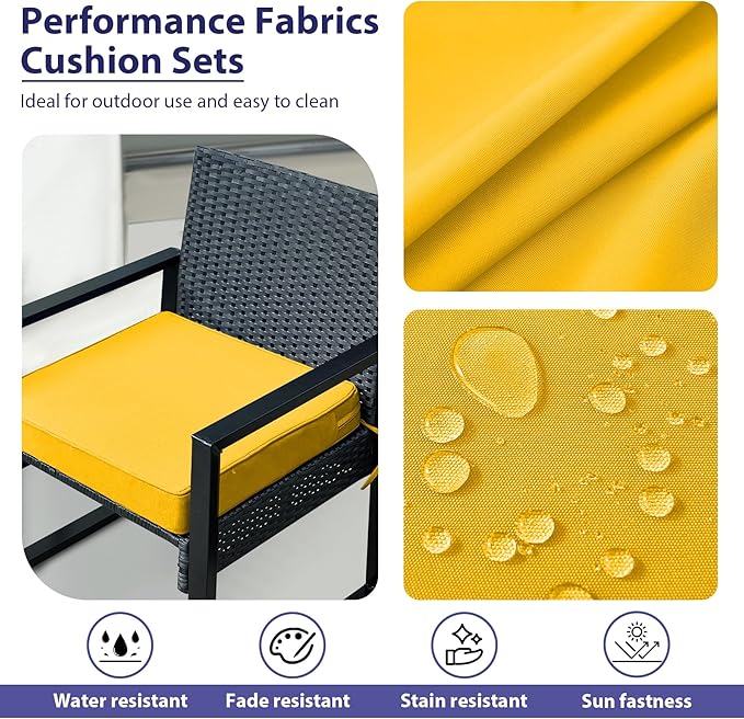 Outdoor Chair Cushions Set of 4,Waterproof Outdoor Seat Cushions for Patio Furniture,Patio Chair Cushion with Handle and Ties, Square Out Door Chair Pads,19" x 19" x 3", Yellow