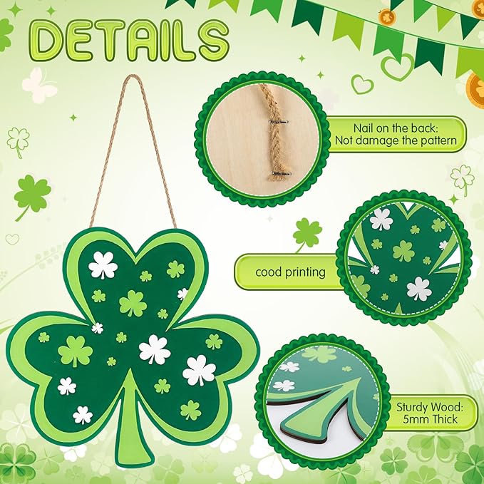 BreezeHug 3 Pcs St. Patrick's Day Door Sign, Shamrock Wooden Door Wreath for Front Doors Irish Shamrock Hanging Decoration Lucky Ornament Spring Wood Clover for Wall Home Outdoor Holiday Party Decor
