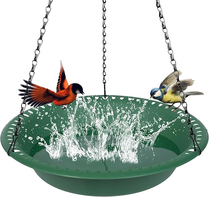 Bird Baths for Outdoors Heavy Duty, 10 inch BirdBath Bowl Only with 22” Rust-Proof Black Chains, Hanging Bird Bath Hanging Bird-Feeder for Garden Backyard Decor (Green 1 Pack)
