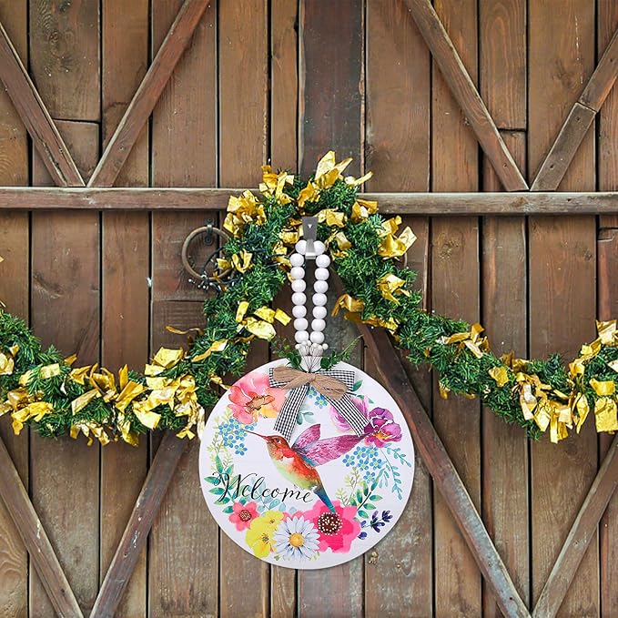 Welcome Spring Hummingbird Sign for Front Door Decor, Floral Flowers Summer Door Hanger for Outside Porch, Seasonal Farmhouse Wooden Welcome Sign Indoor Wall Hanging Decoration