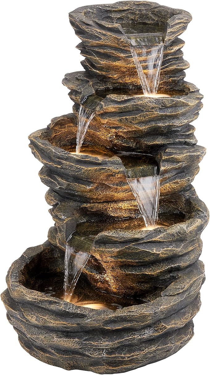 Alpine Corporation 39" Tall Outdoor 5 Tiered Natural Look Rock Water Floor Fountain with Replaceable Lights, Brown