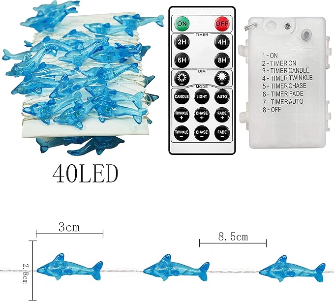 Decorman Dolphin Decorative String Lights, 14ft 40 LED 8 Modes Cool White Weatherproof Battery Operated Ocean Theme Lights for Bedrooms Parties Weddings Gardens with Remote and Timer