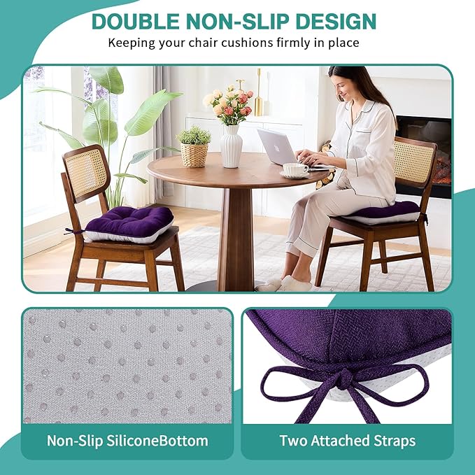 BETU Chair Cushions for Dining Chairs Set of 4,3.5" Thick Kitchen Table Chair Pads with Ties,Non Slip Backing and Covers, Seat Cushion for Dining Room,Bar,Patio Chairs,16"X16"X3.5",Dark Purple