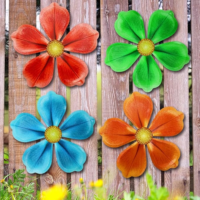 Giyyomtr Metal Flowers Wall Decor - 4pcs Metal Wall Art Hanging Decorations for Outdoor Fence Garden Yard Patio Decor, Gift for Mom Friends