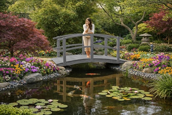 6 FT Grey Amish Made Garden Bridge with Double Rails for Walkway, Backyard Pond & Landscaping, Outdoor Wooden Footbridge for Koi Pond, Japanese Style Decorative Bridge, Made in USA