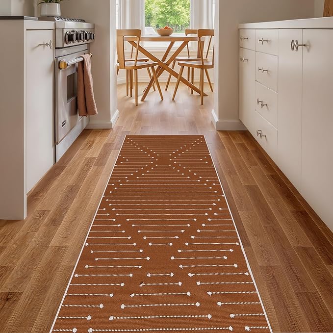 LIVEBOX Boho Burnt Orange Runner Rug 2x6 for Bathroom Kitchen Entryway, Cotton Woven Washable Bedroom Rug Runners,Hallway Laundry Room Decor Throw Rugs