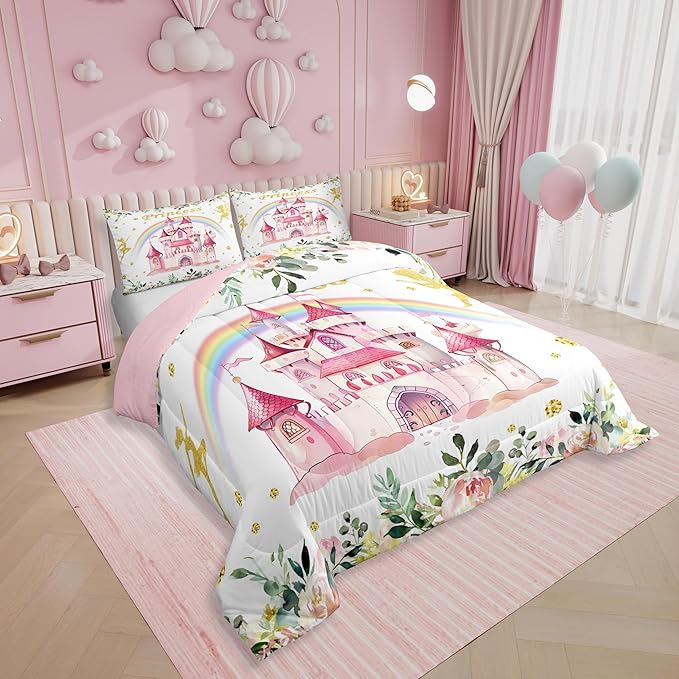 Erosebridal Princess Full Bedding Set for Girls,Pink Fairy Castle Comforter Set,Fairy Garden Flower Bed Set Kids Bedroom Decor,Cute Rainbow Comforter Reversible with 2 Pillowcases,Breathable