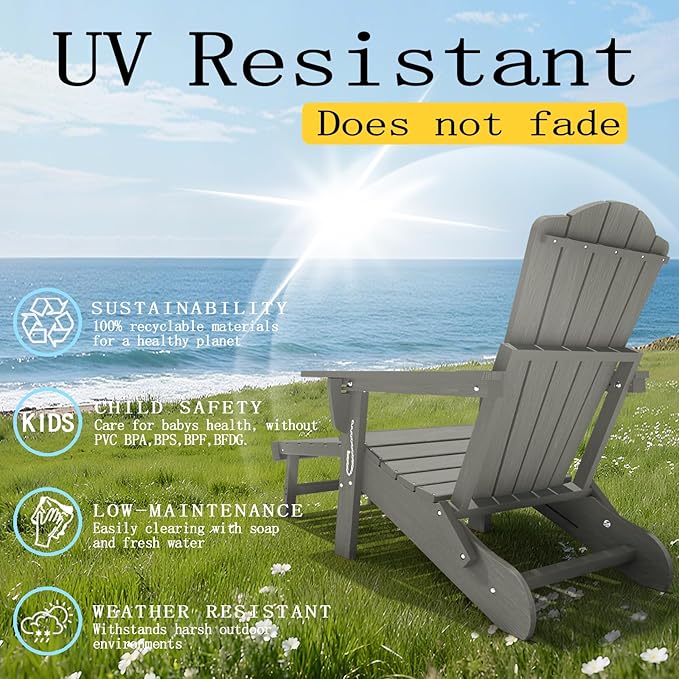 Folding Adjustable Adirondack Chairs with Ottoman & 1 Cup Holders Set of 2, HDEP Multifunctional Adirondack Chair with Footrest,Grey