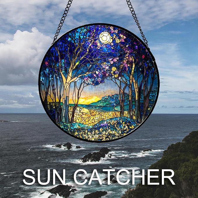Stained Glass Window Hanging Blue Purple Forest Trees Landscape Moon 9.8" - Suncatcher Door Garden Sun Catcher Home Decor Birthday Christmas for Mom Men Woman Nana
