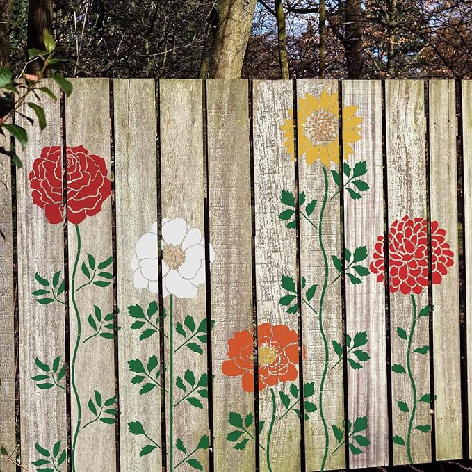 12PCS Large Flower Stencils for Painting on Wood 12 x 12 Inch Giant Wall Stencil with Brushes Large Pattern Floral Stencils Sunflower Paint Stencil for Walls Garden Fence Furniture Fabric