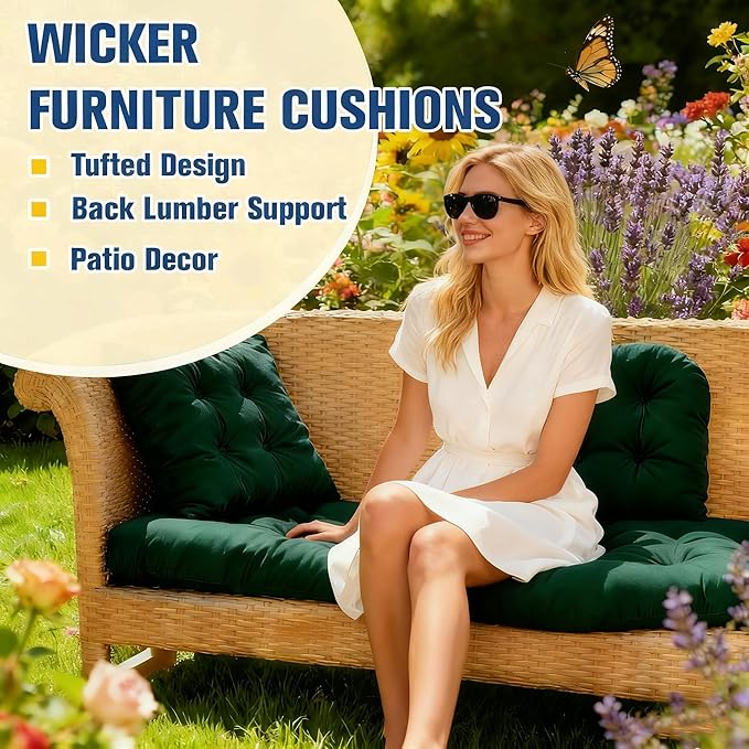 Wicker Chair Cushions Set of 3, Waterproof Outdoor Cushions Set for Patio Furniture, 1 Loveseat & 2 Seat Pads, Thick Outdoor Replacement Cushions for Porch Lawn Bench Couch Sofa, Emerald