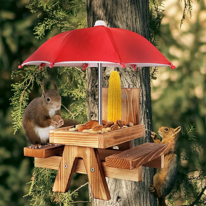 Gnodary Squirrel Feeder with Umbrella, Squirrel Feeders for Outside, Squirrel Picnic Table Feeder - Chipmunk Feeder Hold Corn, Corn Cob, Peanuts (Bright-Red)