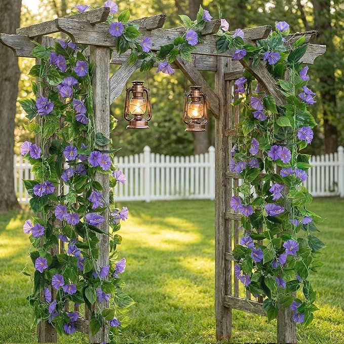 GTIDEA Artificial Vines 15Feet Silk Flower Garland Purple Morning Glory Vine Artificial Flowers Hanging Plants Garland Fake Green Plant 4Pcs for Outdoors Wall Fence Indoor Wedding Banquet Decor
