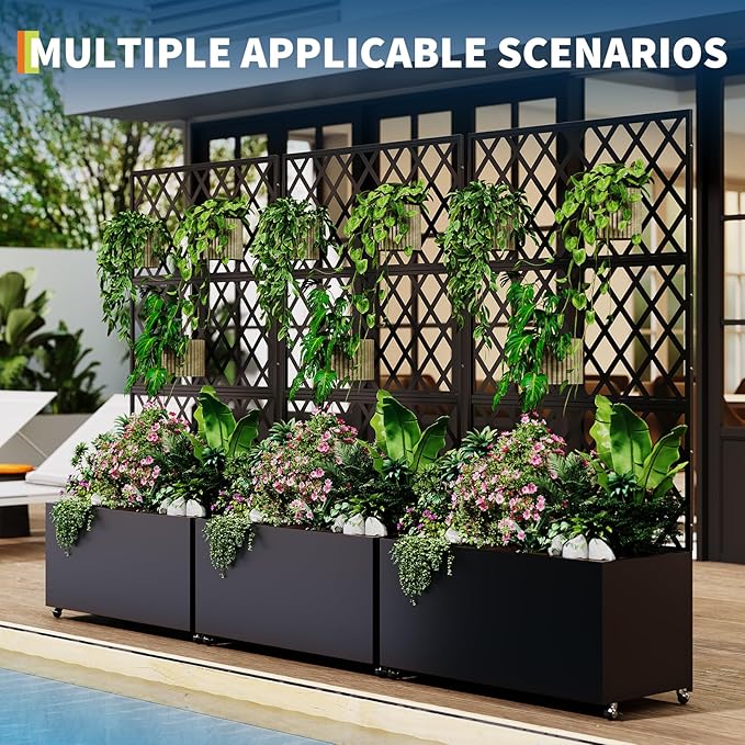 IDEAHOUSE Steel Raised Garden Bed w/Trellis & Privacy Screen - 71x46x16 in Planter Box w/Lockable Casters, Drainage Holes for Vines, Vegetables on Patio, Deck, Yard, Black
