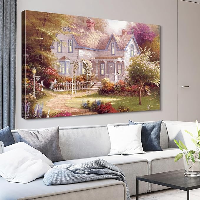 STUDIO HAVEN Thomas Kinkade Canvas Wall Art, Garden Cottage White Picket Fence Flower Archway Lush Bloom Oil Painting Poster Charming Countryside Wall Decor, Framed Prints for Home Decor, 28x20Inch
