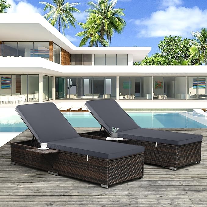 Outdoor Chaise Lounge Cushion Set of 2, Fadesafe Water-Repellent Lounge Deck Reclining Chair Cushions for Patio Furniture Lawn Pool Resort Hotel, 80x26x3 Inch, Dark Grey