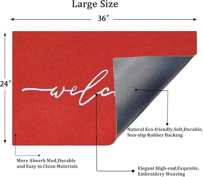 AAZZKANG Red Door Mat 36"x24" with Non Slip Rubber Backing Outside Inside Large Welcome Mats for Front Door Easy to Clean Doormat for Patio,High Traffic Areas