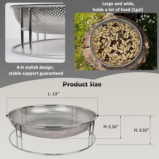 13-Inch Ground Bird Feeder, Stainless Steel Ground Feeding Platform for Wild Birds, Squirrels, Rabbits, Chicken with Additional Birdseed Feeder Tray, Attract Creatures for Backyard, Patio