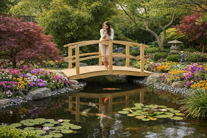 6 FT Natural Amish Made Garden Bridge with Double Rails for Walkway, Backyard Pond & Landscaping, Outdoor Wooden Footbridge for Koi Pond, Japanese Style Decorative Bridge, Made in USA