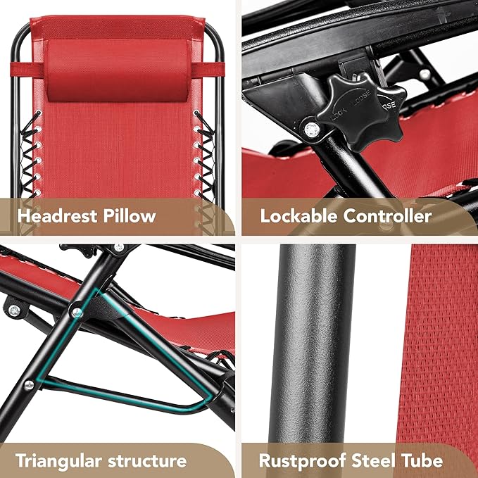 Devoko Patio Zero Gravity Chair Outdoor Folding Adjustable Reclining Chairs Pool Side Using Lawn Lounge Chair with Pillow Set of 2 (Red)