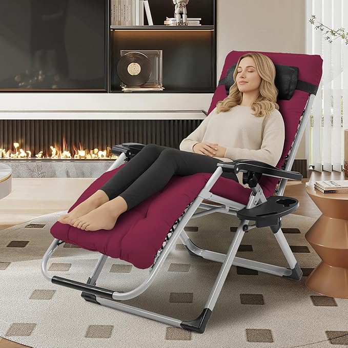 Bonnlo Padded Zero Gravity Chair, Lounge Chair Recliner Chair with Removable Cushion & Tray， Folding Reclining Patio Chairs， Recliner Chair for Lawn，Indoor and Outdoor