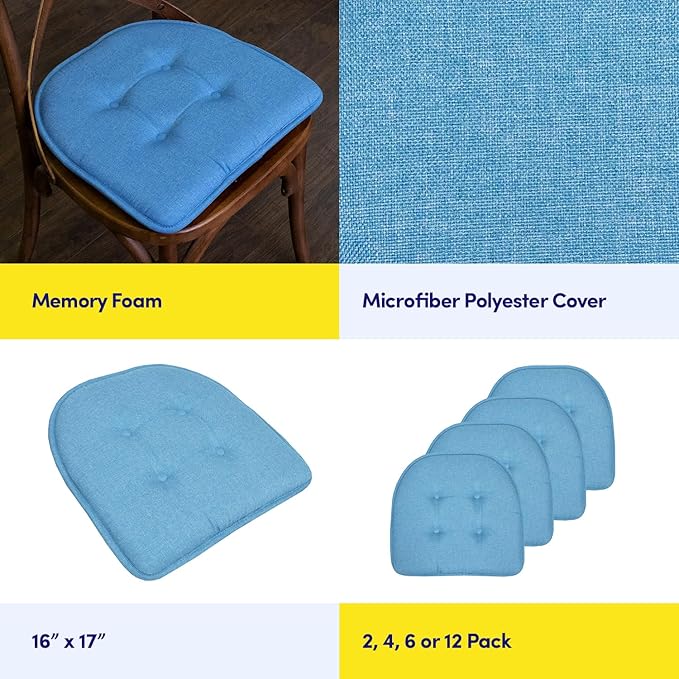 Sweet Home Collection Chair Cushion Memory Foam Pads Tufted Slip Non Skid Rubber Back U-Shaped 17" x 16" Seat Cover, Turquoise 4 Count