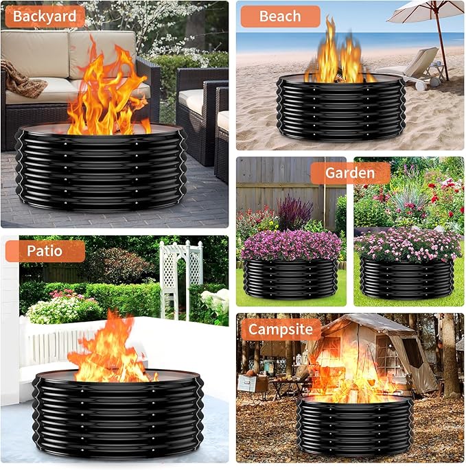 32 Inch Outdoor Fire Pit Ring, 17'' Tall Wood Burning Firepit & Fireplace for Outside, Heavy Duty Galvanized Steel Fire Pits Insert, High Heat Resistant Fire Bowl for Backyard Bonfire,Patio,Camping