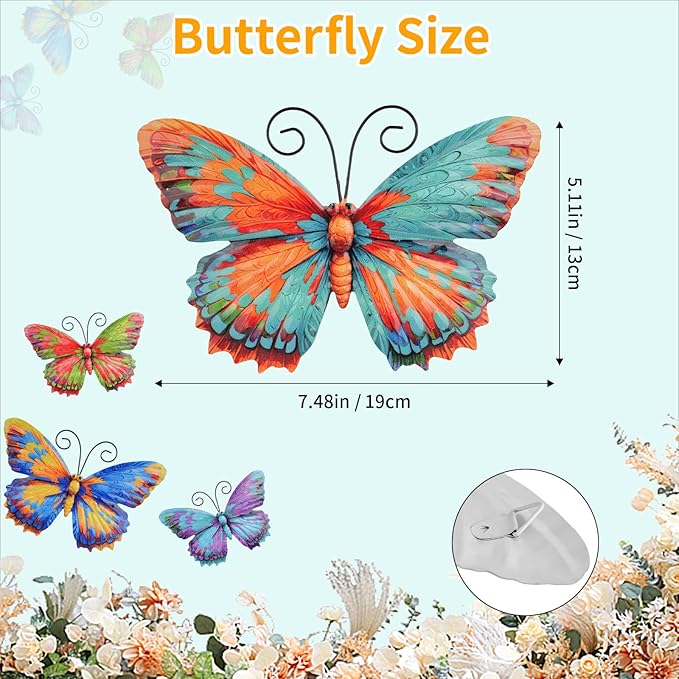 Junware 4 Pieces Metal Butterfly Wall Art Decor - 7.5" Outdoor Fence Wall Sculpture Decor, Hanging Decoration for Garden Yard Living Room Bedroom Patio Balcony, Nice Gift for Mom Friend