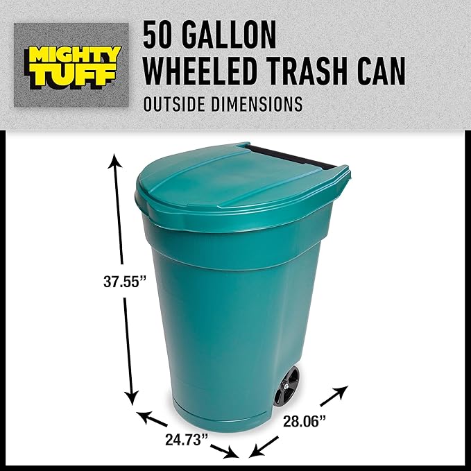 Mighty Tuff 50-Gallon Wheeled Trash Barrel - Large Outdoor Trash Can with Lid - Versatile, Durable and Convenient for Indoor or Outdoor Trash Bin