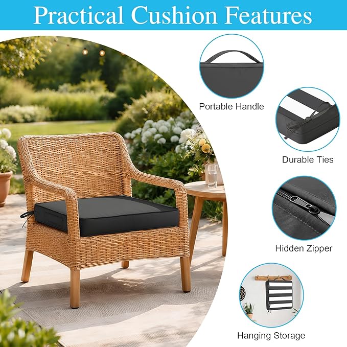 Amagenix Outdoor Chair Cushions Set of 2, 18"x18"x3" Waterproof Outdoor Seat Cushions for Patio Furniture, Stripe Reversible Patio Cushions with Ties & Handle & Hidden Zipper, Fade-Resistant,Dark Grey