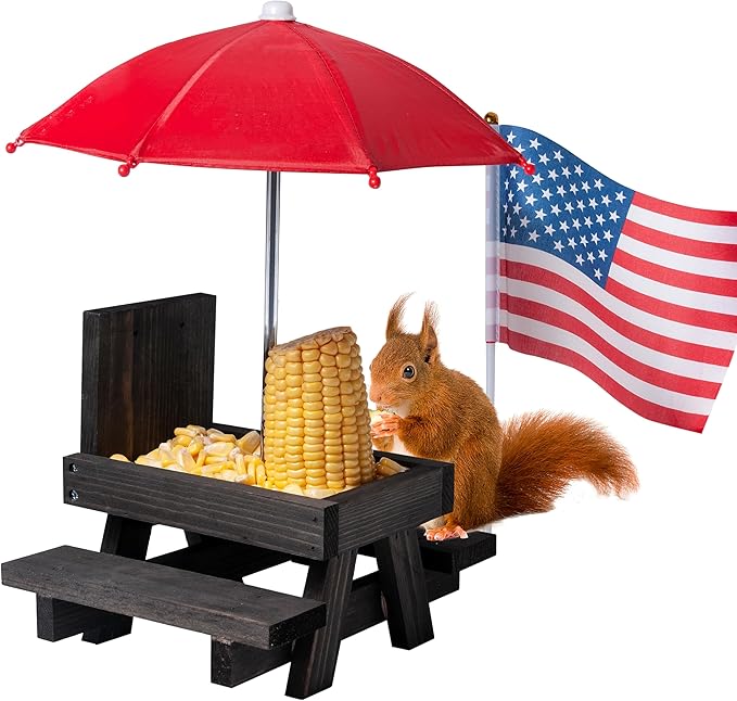 Squirrel Feeder Picnic Table, Squirrel Feeders for Outside with Umbrella and Flag, Black Wood Squirrel Feeder with Corn Cob Holder Cute Chipmunk Feeder for Yard and Porch Decoration